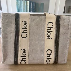 Chloe Medium Woody Logo Strap Canvas Tote
